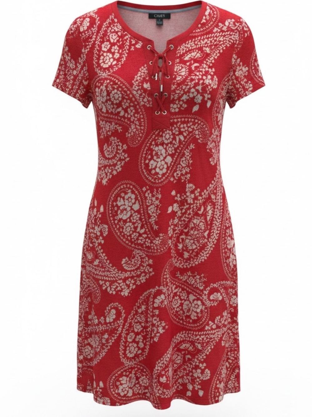 Chaps Red Paisley Lace-Up Knit Tee Dress